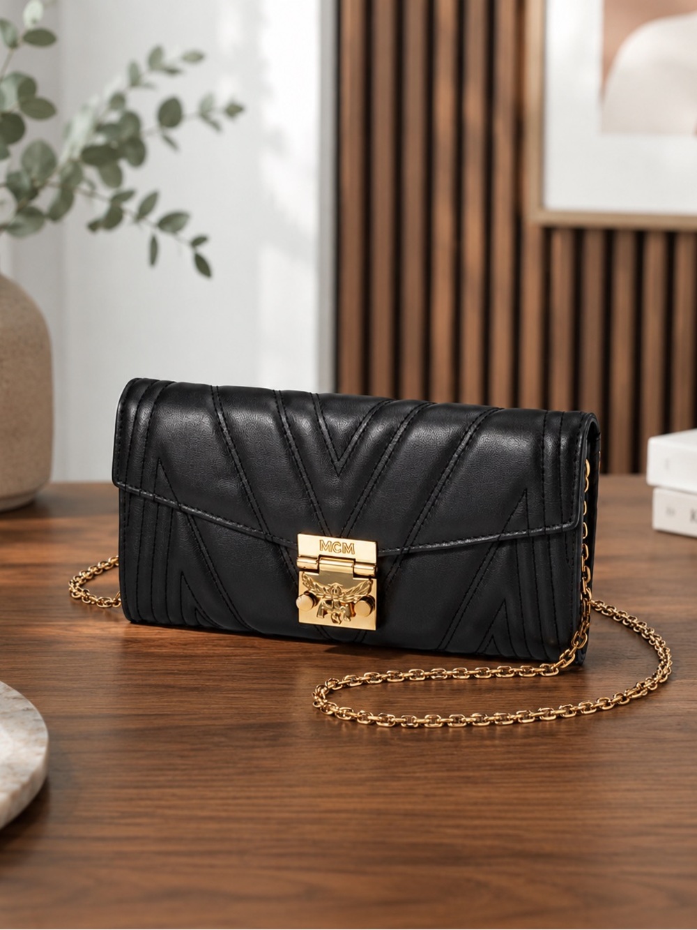MCM Patricia Leather Quilted Black Wallet on Chain